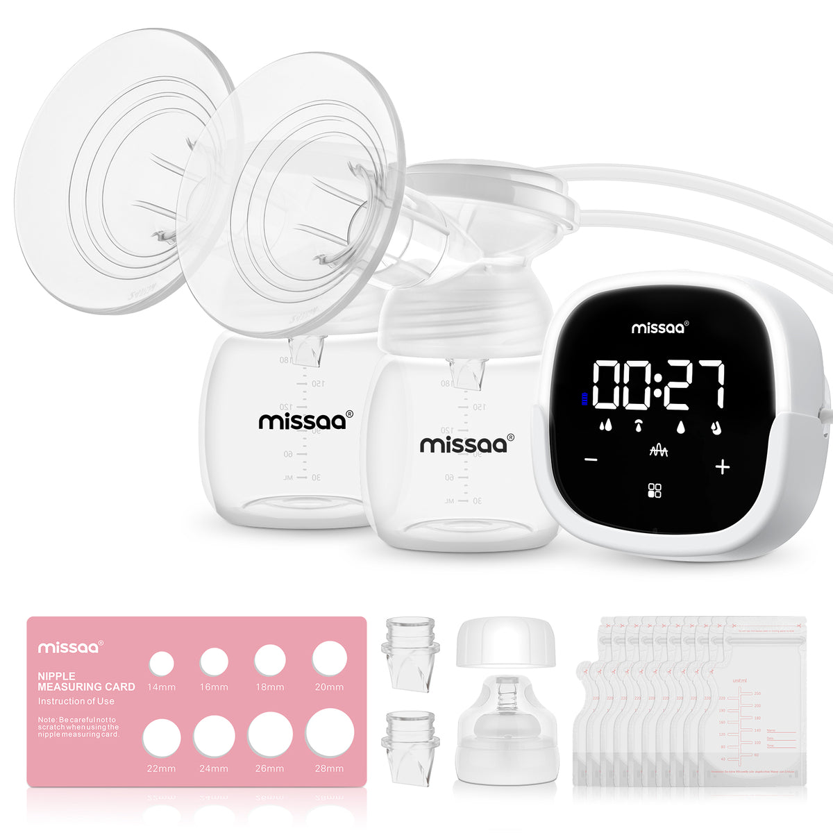 MISSAA Double Electric Breast Pump, Breast Pump Hands Free with 5 Modes & 7 Levels, Pain Free Portable Breast Pump with Lighting Touchscreen, 10 Milk Storage Bags, 2 Baby Bottles and Nipple Ruler