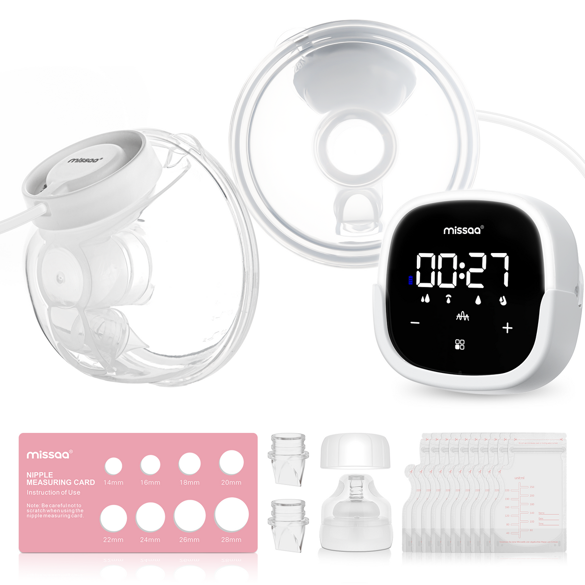 MISSAA Hands Free Breast Pump(2 pack), Wearable Breast Pump with 5 Modes & 7 Levels of Lighting LED Display, Pain Free Portable Double Electric Breast Pump with 2 Size Flange, 10 Storage Bags and Nipple Ruler